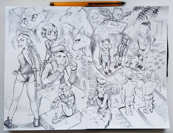 Another photo of my sketchbook, a double page with ballpen sketches, many things are going on: many Cammy studies from imagination, a megaman, some fox characters too. Written: Curved space = Nightmare on the label of two bad anatomy studies. Two swimmer in top view before diving in a swimming pool with a shark, one says "Go first...". A little penguin hold a label "fail!". 