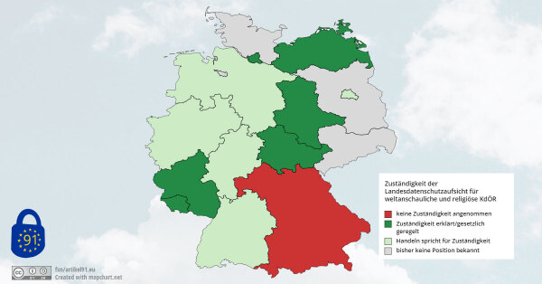 Deutschlandkarte zur angenommenen Zuständigkeit von Landesdatenschutzaufsichten für religiöse und weltanschauliche KdÖR: Für nicht zuständig hält sich Bayern. Hamburg, Rheinland-Pfalz, das Saarland, Sachsen-Anhalt und Thüringen haben erklärt, zuständig zu sein, in Mecklenburg-Vorpommern ist es gesetzlich geregelt. In Baden-Württemberg, Berlin, Hessen, Niedersachsen und Nordrhein-Westfalen gibt es aus dem Handeln Anhaltspunkte, dass sie sich für zuständig halten.