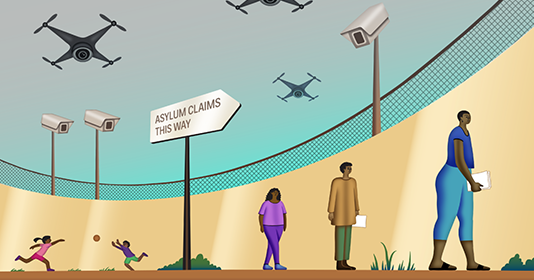 Illustration with children playing and people walking while being surveilled by cameras and drones.