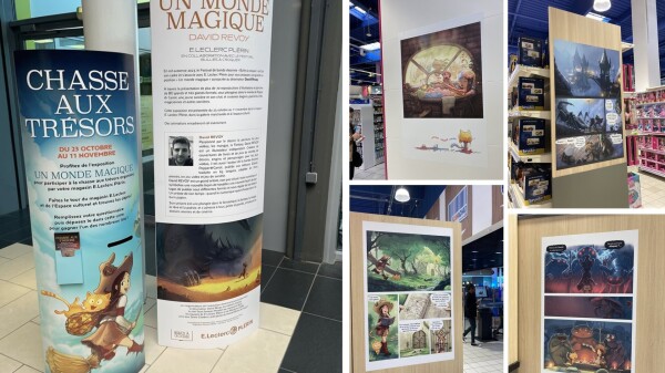 A montage of photos: the entrance with two human sized printed device, the first one introce my work and the exhibition in French, and the second one is a game contest. Other four photos on the right are comic pages of Pepper&Carrot printed in large within the supermarket. 