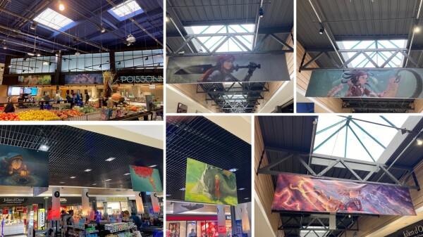 A montage of photos of huge print of my artworks in a supermarket; above the cash register, above fish part of the supermarket, on the hall. 