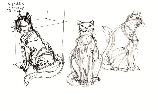 three sketches of cats sitting on their hind legs, each a different point of view, done in black felt tip pen