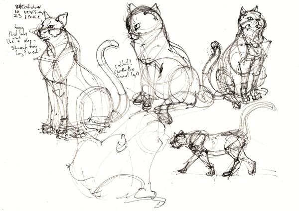 5 rough sketches of cats drawn from imagination, 3 of them sitting, one walking, and one barely defined at all. some written commentary as well - one of them turned out looking a bit like a dog.