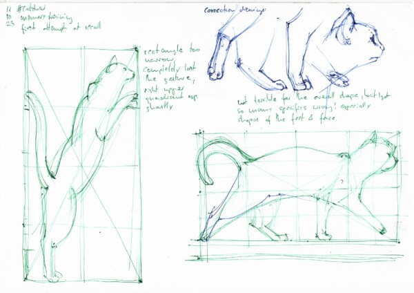 the drawings from the previous image redrawn from memory, including the raster, but distorted by my memory, with some notes on what I got wrong