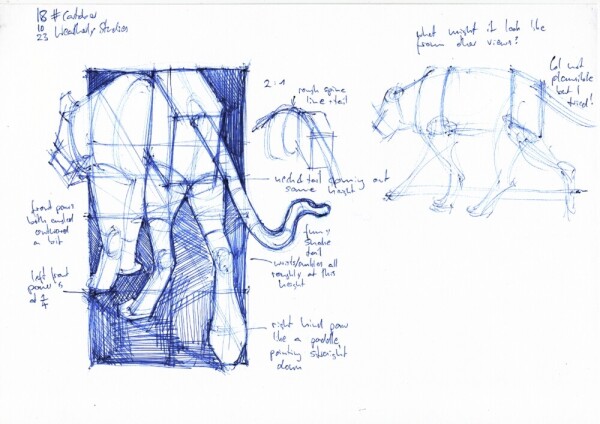 a page with a squared up simplified drawing of a cat seen 3/4 from the back, some notes about proportions, and a quick attempt at imagining what it might look like in profile, all done in blue ballpoint