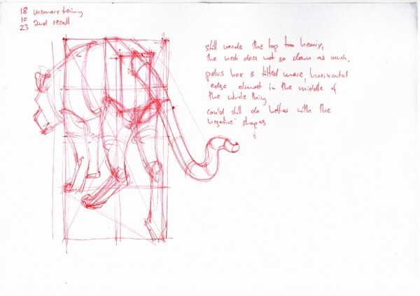 the same image from before redrawn again from memory, with some notes, all in red ballpoint