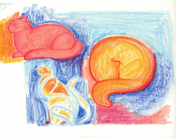 three doodles of cats done in wax crayon. One cat is pink with an orange and blue background, one cat is made up of light blue lines and patches of orange with a dark blue background, and one cat is orange surrounded by pink and blue