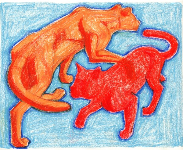 two cat doodles, one done in orange walking away from us, and the other done in red walking towards us while mirroring the first cat's pose, with the background filled in with light blue