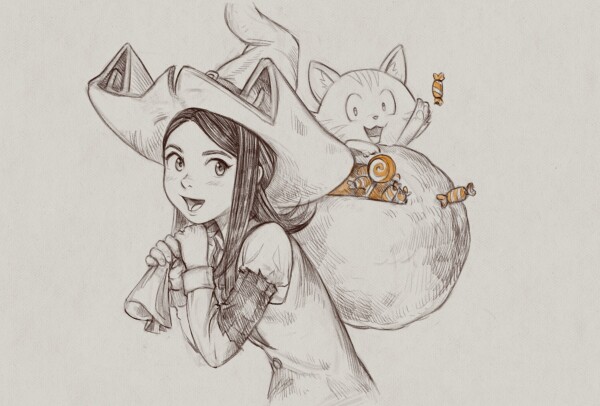 A digital pencil sketch of Pepper (a young witch) holding on her back a big improvised bag made of a bed sheet with many candies (suggested) inside. A fold reveals the candies. Carrot, travelling on the big bag, distribute candies.

License: Creative Commons Attribution 4.0 peppercarrot.com