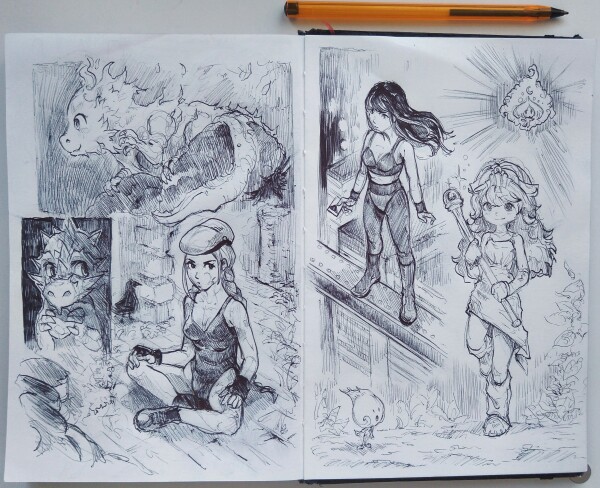 A top photo of a double page of my sketchbook: the pages are saturated with sketches done with ballpoint pen. Baby dragons of fire and ice, another Super Street Fighter 2 Camy sitting in the middle of ruins, a Cat's Eyes character, in her suit, standing on top of buildings at night. A sort of 'Mana series' character design holding a magic staff, with magic elemental on top and bottom.  

License: creative commons attribution.