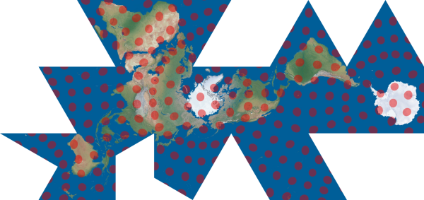 Dymaxion map projection with lot of almost-circle red blobs (Tissot's indicatrix) visualising the minimal area distortion.