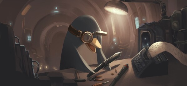 Digital painting of a cinematic scene. In a futuristic workshop (but with retro tools like a typewritter and steampunk glasses) a penguin is happy; on his desk he holds a stylus that feels new and glossy. Many tools around suggests he repaired it.