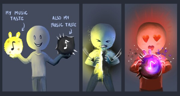 A comic in three panels. The art style is simplified characters made with big blobs of digital painting. 

Panel 1: a character smiles and holds two 'sphere' with a music note in both. One sphere is fluffy, with hearts and bunny ears. The other one is metalic, dark and with spikes. The panel has text: "My music taste" and "also my music taste" pointing to both the sphere. 

Panel 2: In a effort, the characters merge the two spheres. The fusion is difficult. 

Panel 3: The character is in love under warm ambiance with the result: a single sphere with both bunny ears and metalic spikes. 

License: CC-By