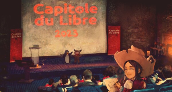 A digital painting of the main room at capitole du libre. The shot is seen from the audience POV just behind Pepper who is drawing a simplified cat, she turns head and looks happy about it. On stage: a large screen mentionning "Capitole du Libre 2023" and a Gnu + a Tux waving at the audience.
The painting was done on top of a photo of the event with heavy painting filters (Gmic Stylize).