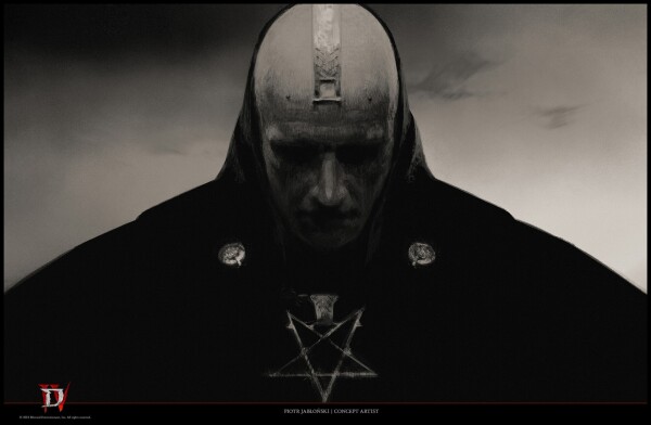 Priest like character with bald head and ornaments. A pentagram necklace can be seen below his head