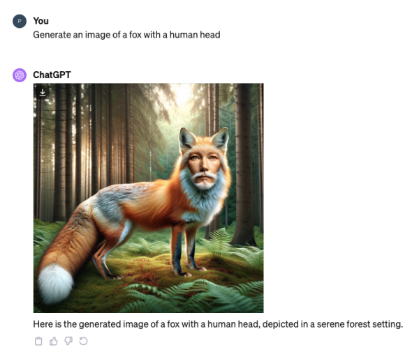 A screenshot of ChatGPT + DALL-E 3 generating an image of a fox with a human head.