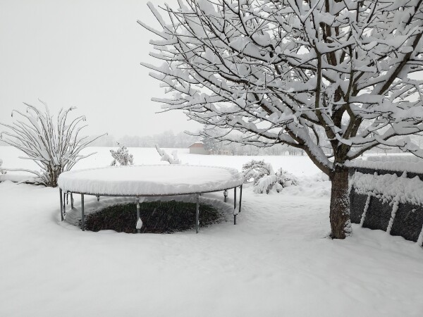 Trampolin, Kirschbaum, Aufstellpool, alles mit ca. 25 cm Schnee bedeckt.