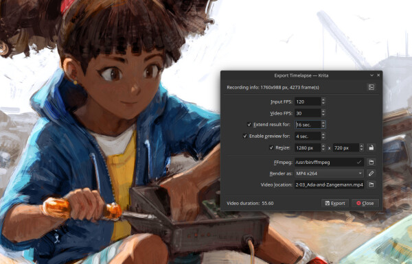 A screenshot of the Krita Recorder modal windows "export" with my settings for Mastodon/Fediverse.