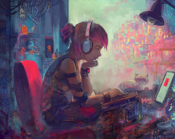 A young woman, working at a cyberpunk desk and listening to music. A tribute/crossover to the Lofi girl in the cyberpunk genre. 