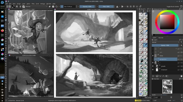 A screenshot: four panels of episode 39 Alpha 1, grayscale, painted in Krita 5.2.2appimage on Fedora Linux 39 KDE

License CC-By