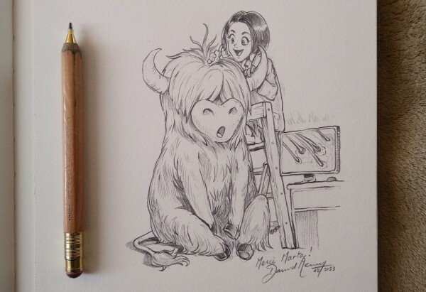 A photo of a sketchbook page with a drawing penciled: a woman trychologist inspect on a ladder with a hand camera the base of the hair of a large yak. She is happy and enthusiast. The yak sits and is a bit surprised at looking at the close-up on the screen of his hair.