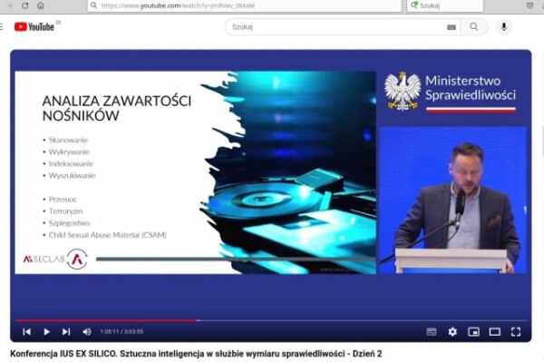 Konferencja IUS EX SILICO. Sztuczna inteligencja w służbie wymiaru sprawiedliwości. Prezentacja SECLAB - analiza zawartości nośników