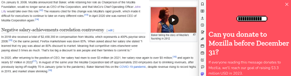 The yearly salary of the Mozilla Foundation Chairwoman is twice that what they ask in yearly donations.