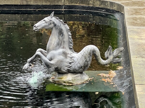 A statue of a mythical seahorse with the upper body of a horse and a fish-like tail in a fountain.