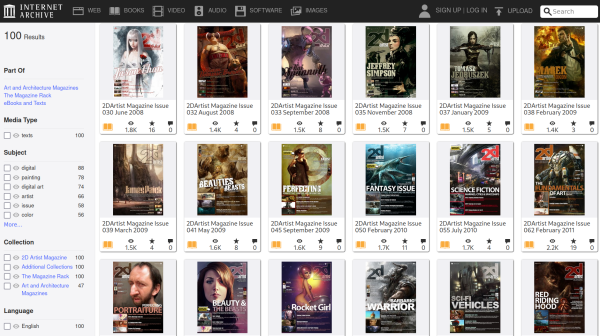 A screenshot of the website Internet Archive with a sample of the covers of the magazine 2D Artists. 