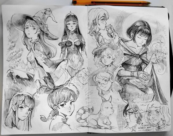 Sketchbook 1: various witches, a weird dog, Ranma!, and a young child scribbled over my drawings in a corner and I mention it.