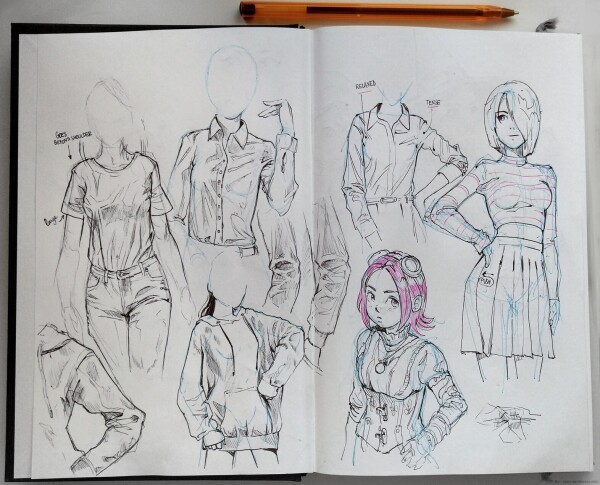 Sketchbook 2: various studies of clothes wrinkle, white shirt without bra, shirt, hoodies, large hoodies. Usage of colored ballpen cyan and pink. A steampunk girl with pinkhair.