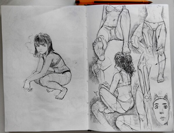 Sketchbook 3: various female body studies with bra and pants. One is crouched full page with a cigarette. Some white corrector is visible. A weird face in the corner with cat hears.