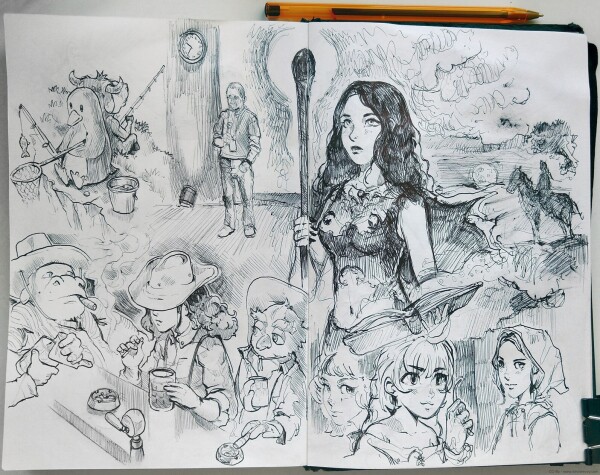 Sketchbook 7: GNU/Linux fishing together, a guy at a conference, an attempt for Yennefer from the Witcher books with a landscape done with a leaky ballpen: a man on a horse is visible in background. A cowboy girl drinks with a hyppo and a owl.