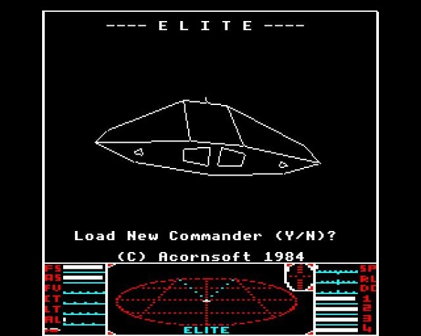 The start screen for the original BBC Micro disk version of Elite. It features a line-drawn Cobra Mk III spaceship with the game title "ELITE" printed above it and "Load New Commander (Y/N)? (C) Acornsoft 1984" below.