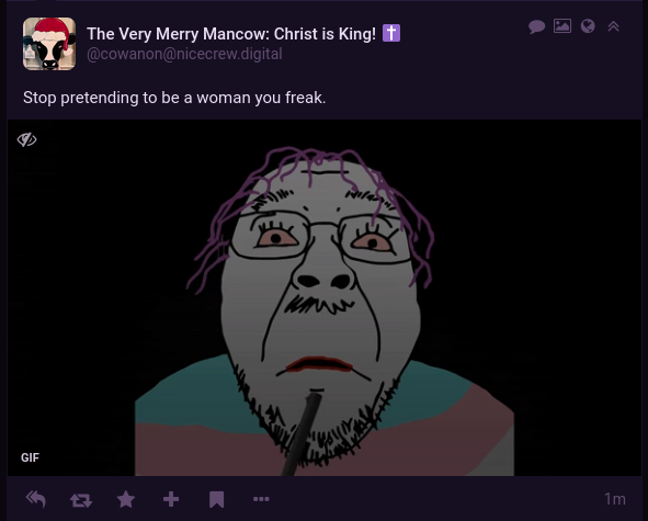 comment from cowanon @ nicecrew.digital: "stop pretending to be a woman you freak." with a transphobic 4chan style GIF