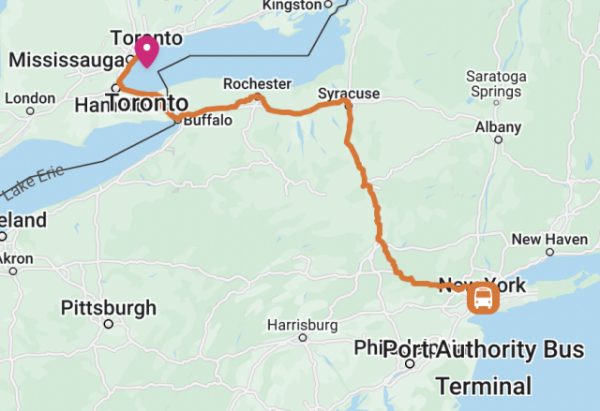 Map of the trip from New York City to Toronto by bus. The line is squiggly, weaving through the terrain, with a significant detour through Syracuse, directly East of Toronto.