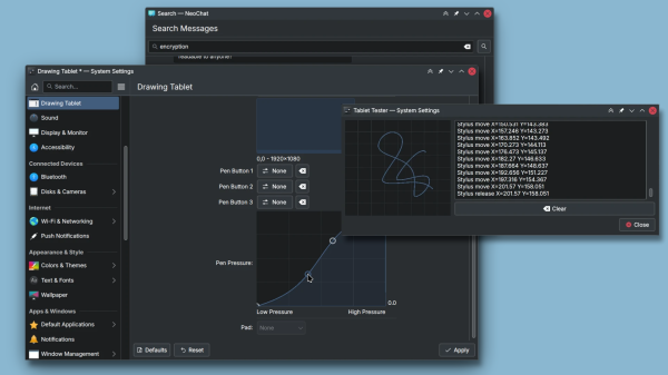 Screenshot of several windows open.

The first and topmost one is a tablet tester tool with a small drawing on it. The window behind it is KDE's drawing tablet settings with a new and cool-looking pen curve option. Finally, the bottom-most window is a slightly improved NeoChat search dialog with a better header.