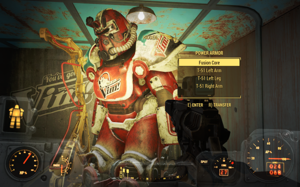 A bulky T-51 power armour of the Fallout franchise. This one has the brand labels "VIM" all over it so it looks like a walking advertisement 