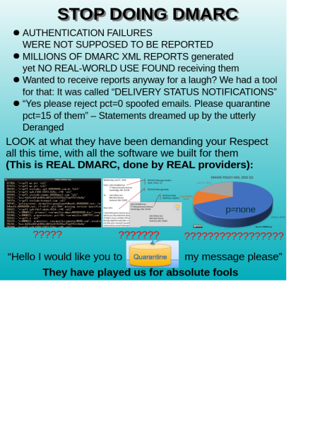 "STOP DOING MATH" meme, but it is "STOP DOING DMARC"

The text in the "slide" reads:
- AUTHENTICATION FAILURES WERE NOT SUPPOSED TO BE REPORTED
- MILLIONS OF DMARC XML REPORTS generated yet NO REAL-WORLD USE FOUND receiving them
- Wanted to receive reports anyway for a laugh? We had a tool for that: It was called "DELIVERY STATUS NOTIFICATIONS"
- "Yes please reject pct=0 spoofed emails. Please quarantine pct=15 of them" - Statements dreamed up by the utterly Deranged

LOOK at what they have been demanding your Respect all this time, with all the software we built for them
(This is REAL DMARC, done by REAL providers):
1. Picture of terminal with invalid DMARC records
2. DMARC alignment diagram with arrows pointing to domain in various headers and DKIM signature header
3. 3D pie chart showing that 70% of domains use p=none policy as of 2022 taken from dmarc.org

"Hello I would like you to Quarantine my message please"

They have played us for absolute fools 