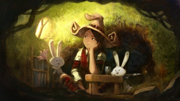 A young witch with a curly leathered hat and red tartan socks is thinking with nostalgy, stuck inside a comfy rabbit hole. The room is covered with green moss, a tiny windows has a strong light from the sun,  and two small rabbits are around the main character: one dusting a book shelf, another one just came with a fresh glass of water.