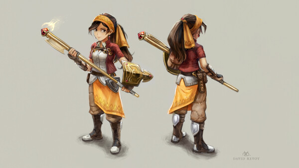 A digital painting of a character design: a female character stylised as in JRPG of the end 90s. She has a golden shield carved, a golden metallic staff with a rubis that also has a blade like an axe. She wears many gears and her clothes are large and themed around a tangerine color, leather, white linen and red.

License: Creative Commons Attribution.