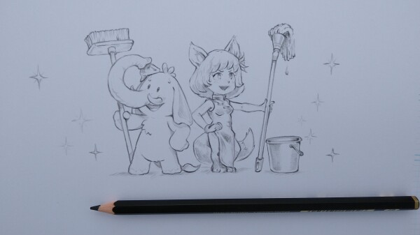 Photo of a sketch of Mastodon's mascot and Pleroma-tan with brooms, cleaning the place. Pencil: FaberCastell Mate, 2B. Bristol paper.