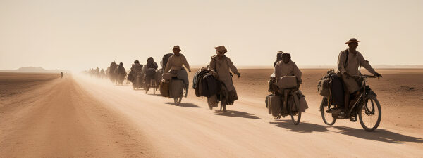 Bicycle caravan travelling along dusty plains road, from nowhere to nowhere.