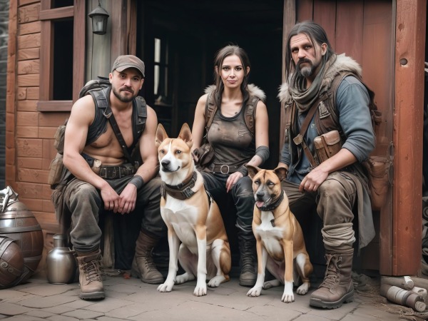 Three rugged outdoor persons sitting in front of a cabin with two vigilant dogs. A vague postapo feeling, perhaps just before they hit the road.