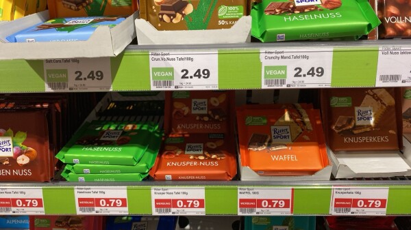 Vegan chocolate: 2.49
Milky chocolate: 0.79 (on offer)

Same brand, same size.