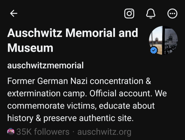 Screenshot of the official Threads account for the Auschwitz Memorial and Museum