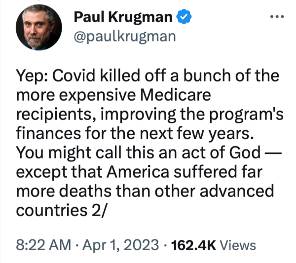 @paulkrugman
Yep: Covid killed off a bunch of the more expensive Medicare recipients, improving the program's finances for the next few years. You might call this an act of God — except that America suffered far more deaths than other advanced countries