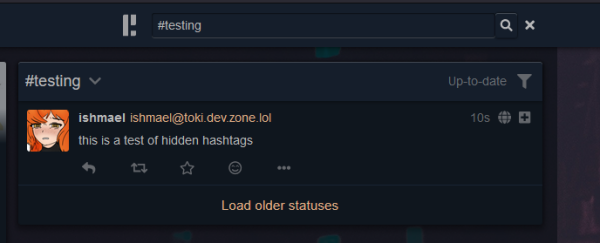 a search for "#testing" that shows a message with the content "this is a test of hidden hashtags", that doesn't have the testing hashtag