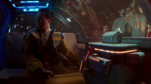 Man sitting in a sci-fi taxi talking to a retro-futuristic robot who is piloting the vehicle.