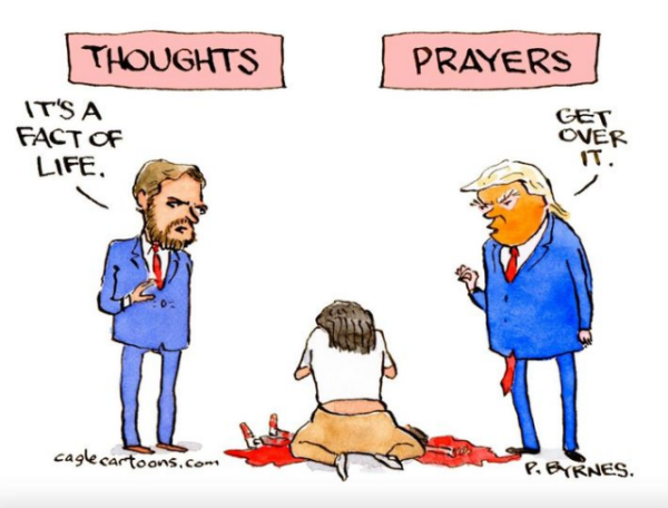 Cartoon of a woman crying over her dead child(hidden from view) JD vance saying "its a fact of life" under a sign that says "thoughts" and Trump saying "get over it" under a "prayers" sign